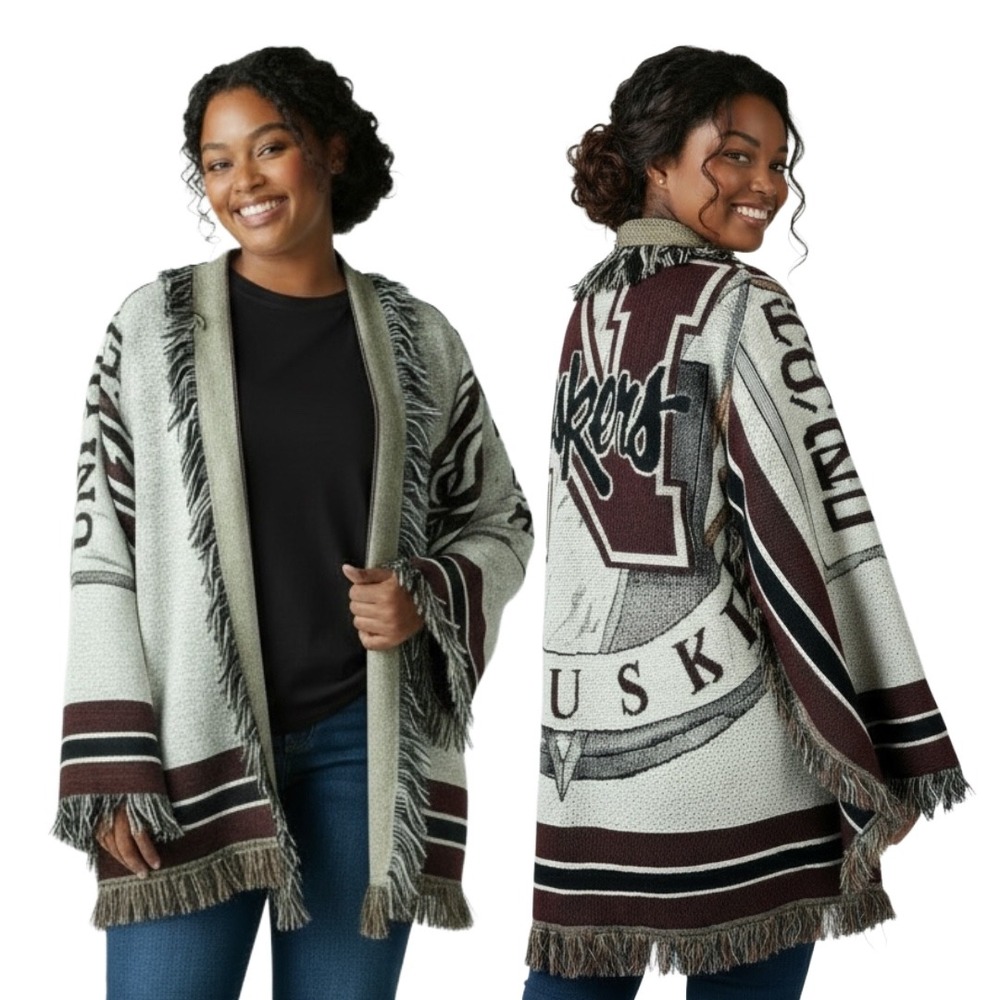 Handcrafted Nebraska Huskers Woven Tapestry Cardigan Wrap Fringe Maroon Cream XL